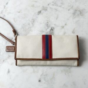 Vintage Coach Varsity Tan Leather & Denim Canvas Stripped Blue Red Wallet